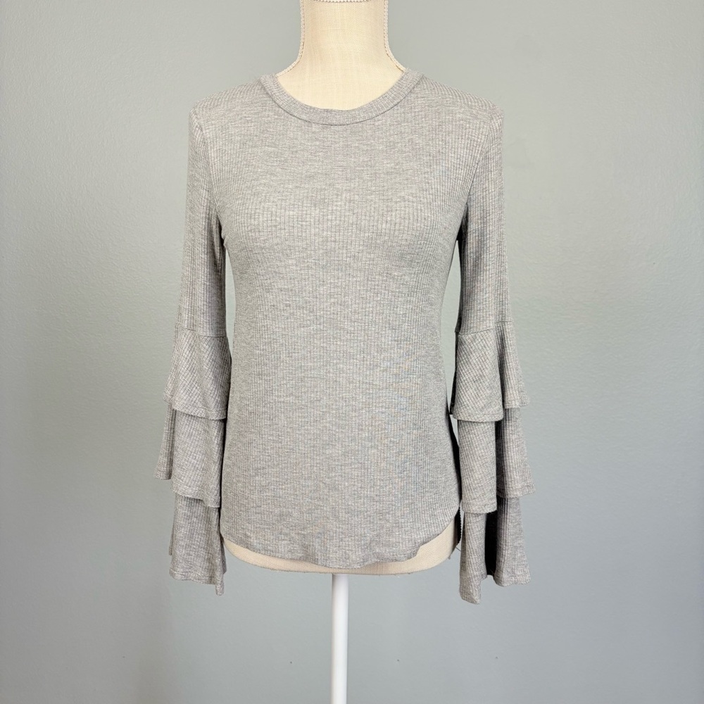 BP Ribbed Tiered Bell Sleeve Top Heather Gray XXS Stretchy Soft Boho